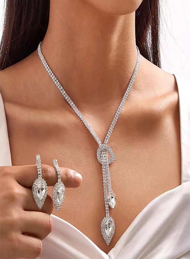 MarveBard Sparkling Bridal Wedding Jewelry for Women Set Crystal Y-Necklace Tassel Necklace Rhinestone Teardrop Dangle Drop Earrings Elegant Bride Necklaces Earring Set Brides Bridesmaids Weddings Party Prom Jewelry (White) - Image 2